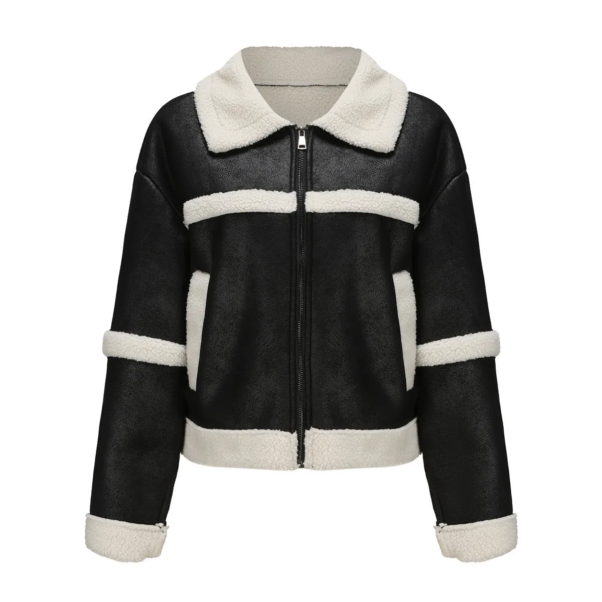 2023 autumn and winter new suede women's fashion warm velvet leather jacket casual windproof European and American jacket cross-border women's clothing