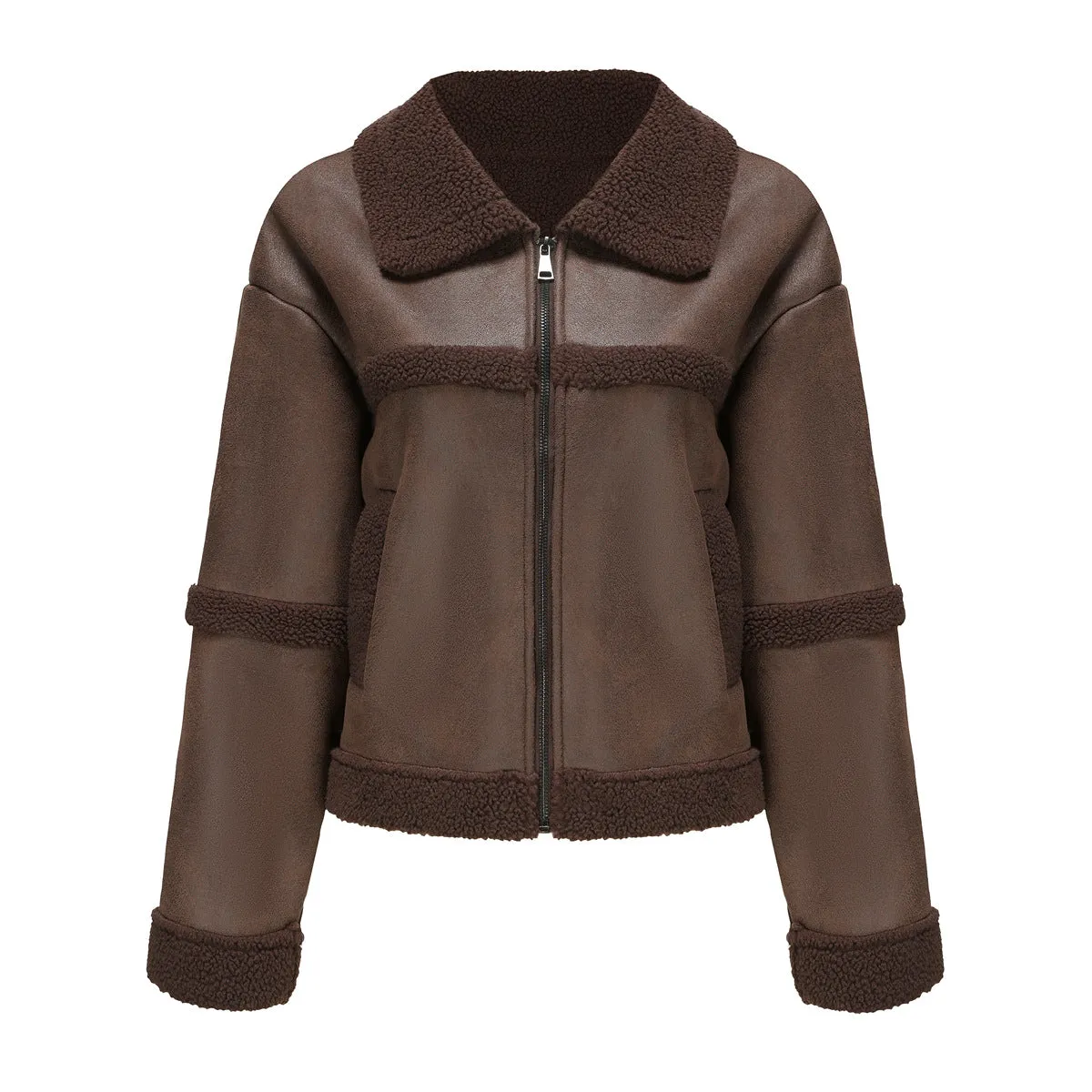 2023 autumn and winter new suede women's fashion warm velvet leather jacket casual windproof European and American jacket cross-border women's clothing