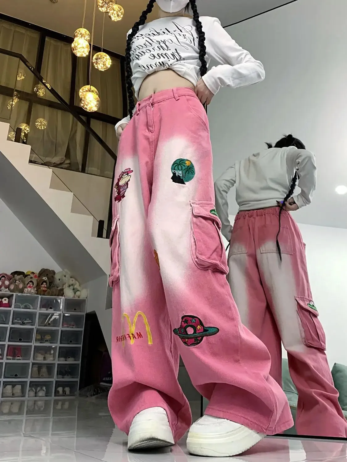 ADVBRIDGE  -  Embroidered Kawaii Cartoon Denim Pants Big Pockets Wide Leg Cargo Pants Harajuk Trousers Baggy Jeans Women High Street Y2k Pants