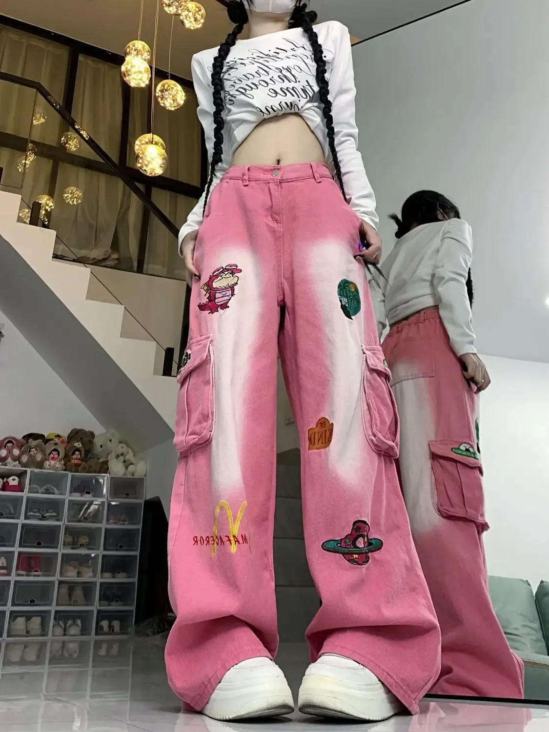ADVBRIDGE  -  Embroidered Kawaii Cartoon Denim Pants Big Pockets Wide Leg Cargo Pants Harajuk Trousers Baggy Jeans Women High Street Y2k Pants