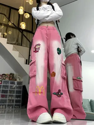 ADVBRIDGE  -  Embroidered Kawaii Cartoon Denim Pants Big Pockets Wide Leg Cargo Pants Harajuk Trousers Baggy Jeans Women High Street Y2k Pants