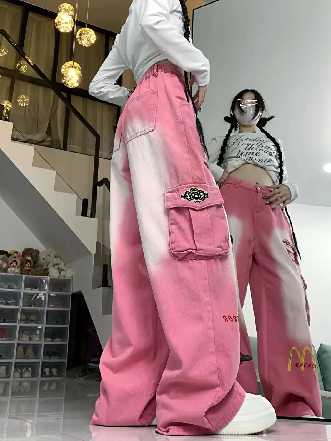 ADVBRIDGE  -  Embroidered Kawaii Cartoon Denim Pants Big Pockets Wide Leg Cargo Pants Harajuk Trousers Baggy Jeans Women High Street Y2k Pants