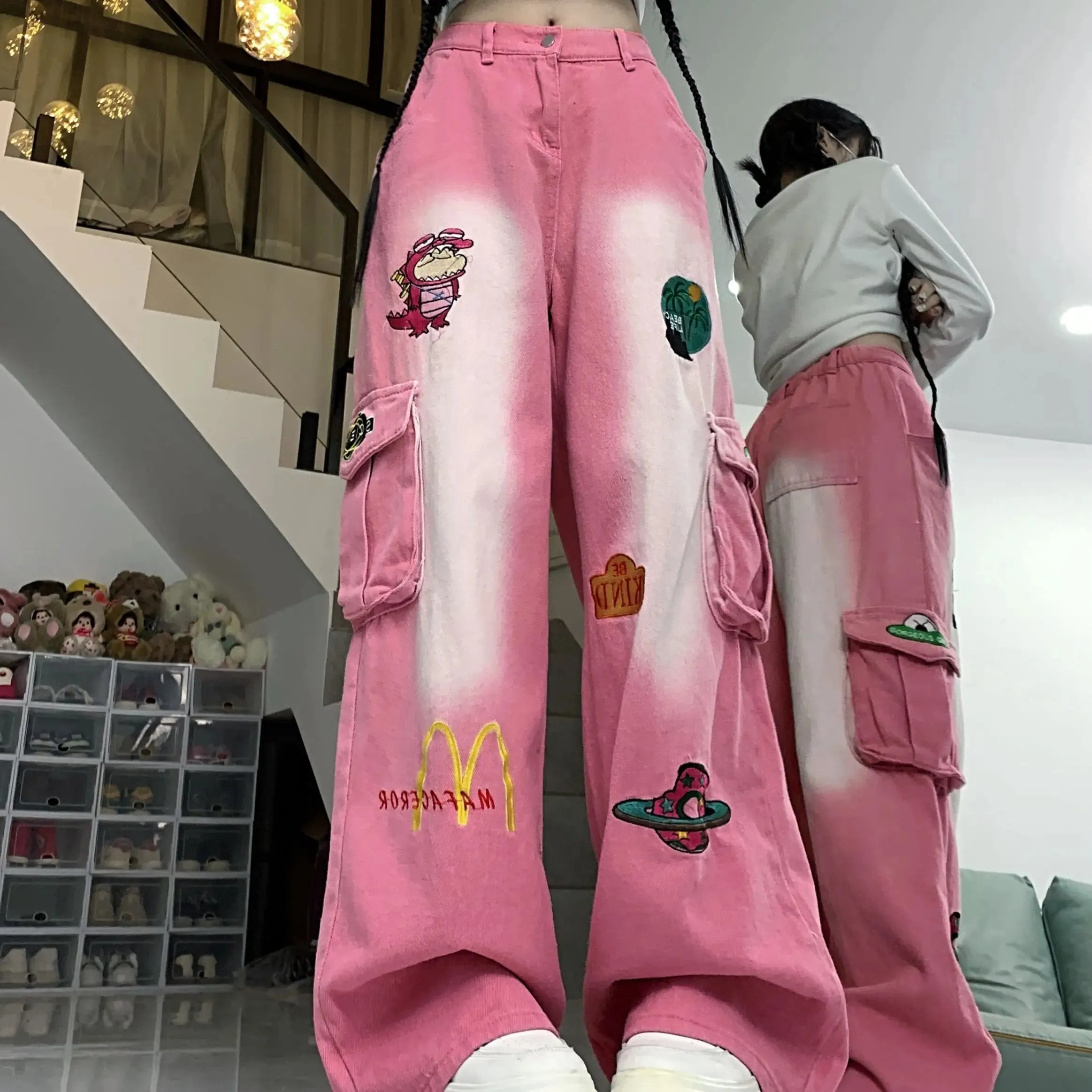 ADVBRIDGE  -  Embroidered Kawaii Cartoon Denim Pants Big Pockets Wide Leg Cargo Pants Harajuk Trousers Baggy Jeans Women High Street Y2k Pants