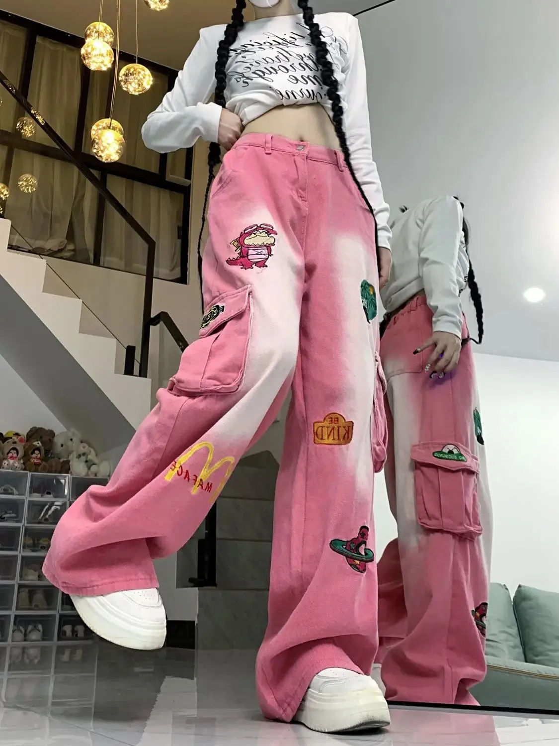 ADVBRIDGE  -  Embroidered Kawaii Cartoon Denim Pants Big Pockets Wide Leg Cargo Pants Harajuk Trousers Baggy Jeans Women High Street Y2k Pants