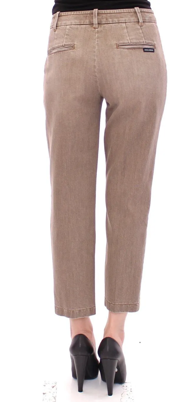 Beige Cotton Cropped Chinos Jeans Pants