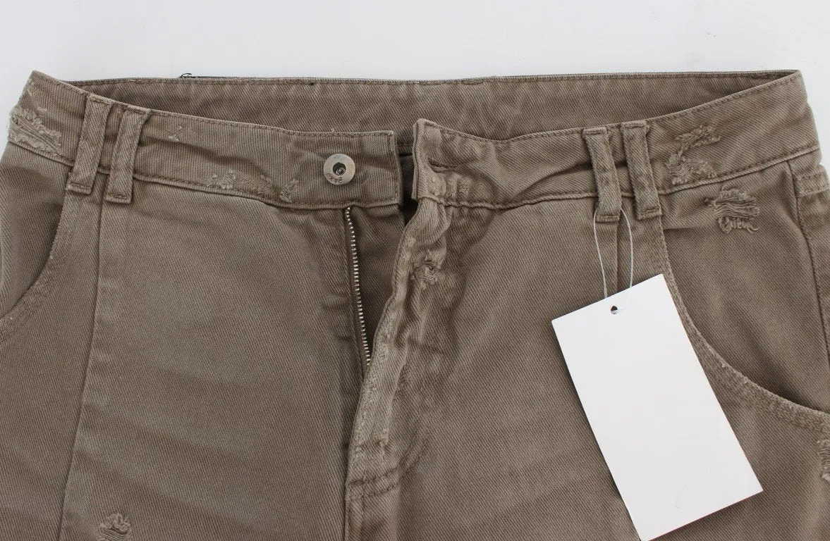 Beige Cotton Slim Fit Jeans