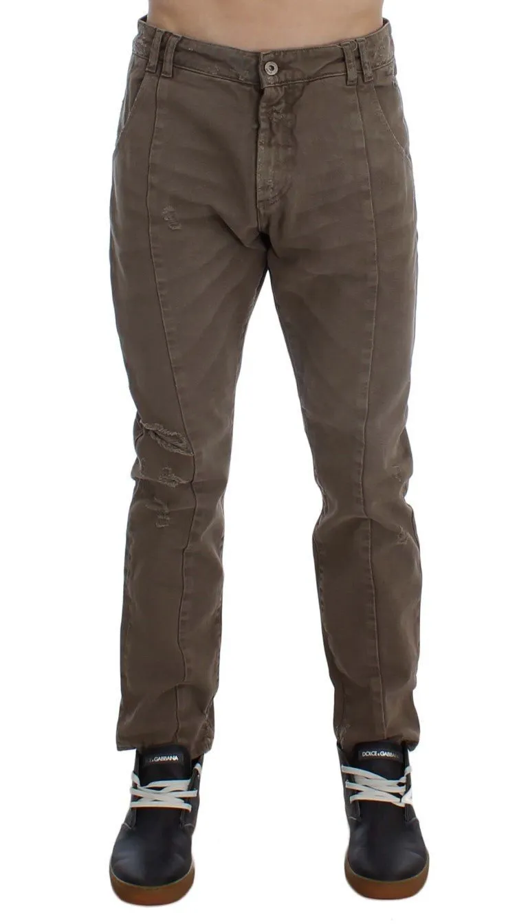 Beige Cotton Slim Fit Jeans