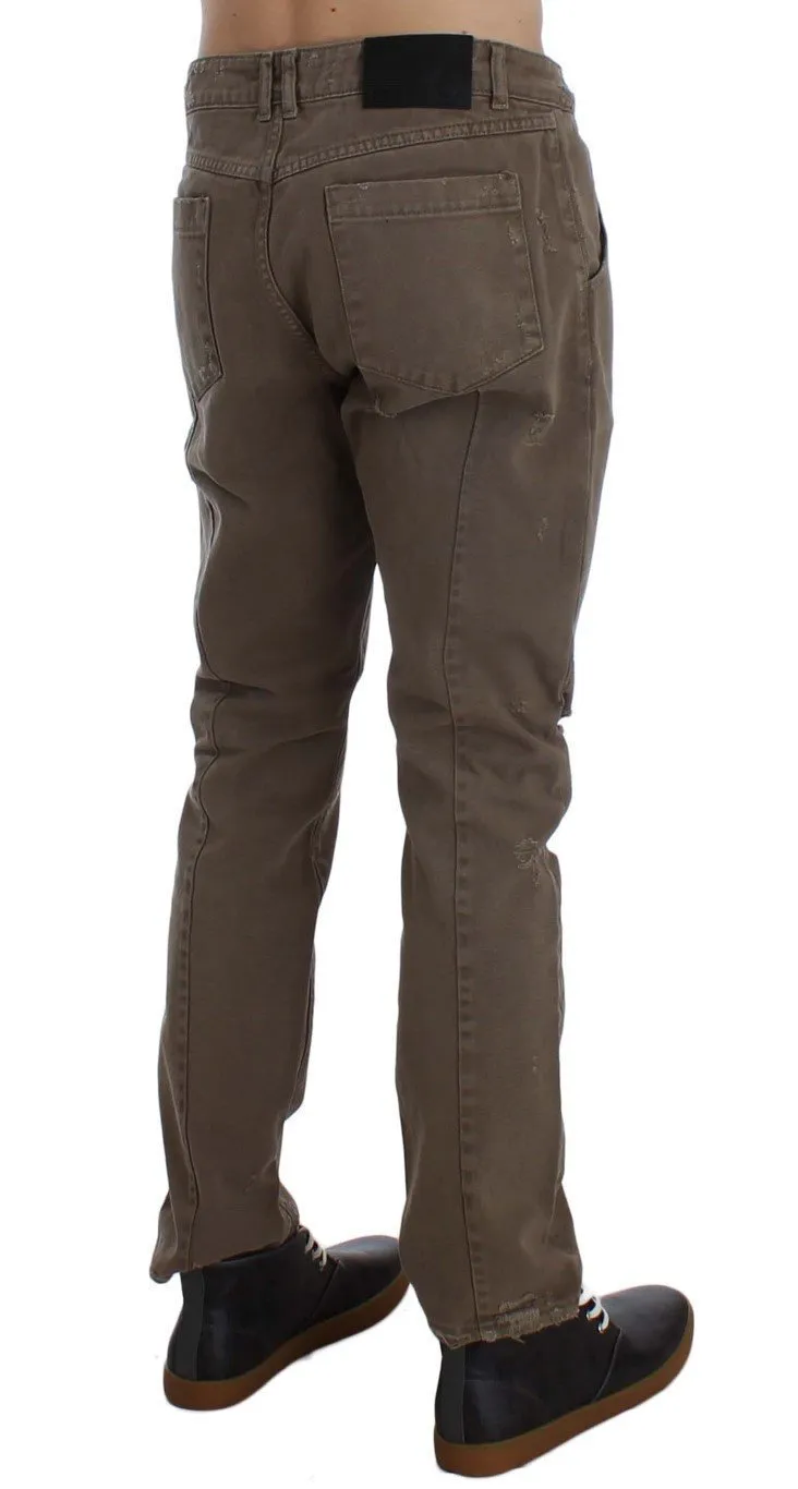Beige Cotton Slim Fit Jeans