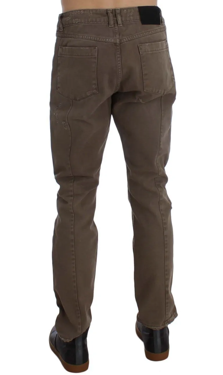Beige Cotton Slim Fit Jeans