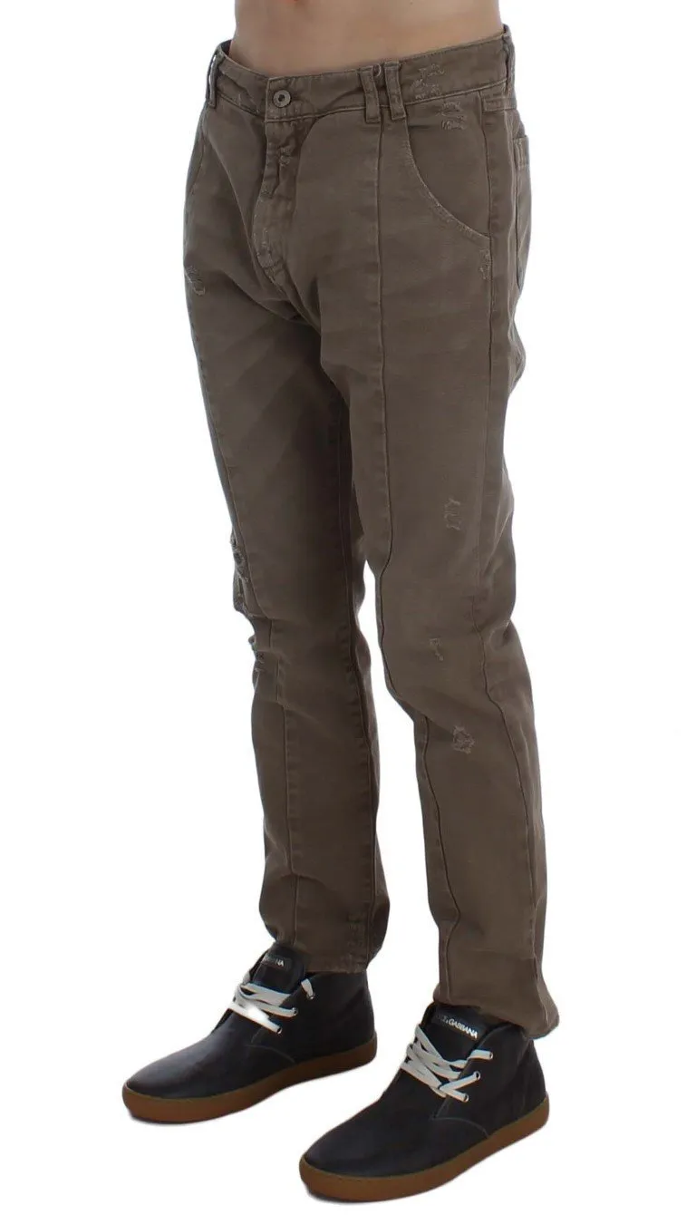 Beige Cotton Slim Fit Jeans