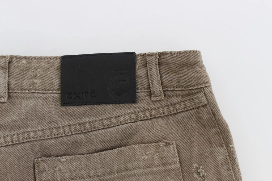 Beige Cotton Slim Fit Jeans