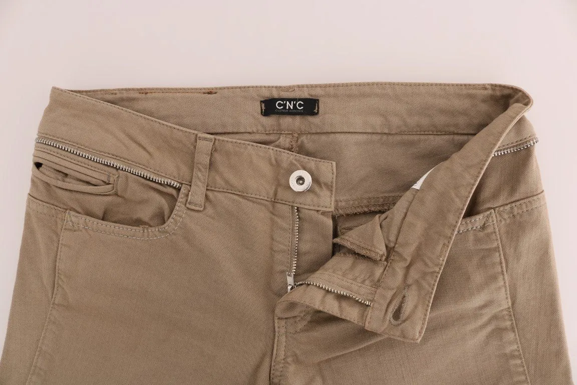 Beige Cotton Stretch Slim Fit Jeans