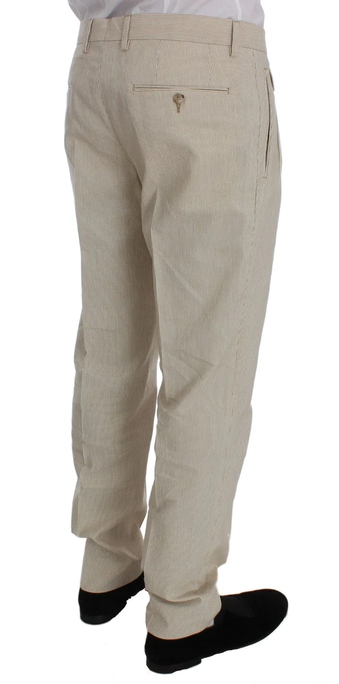 Beige Striped Cotton Chinos Pants