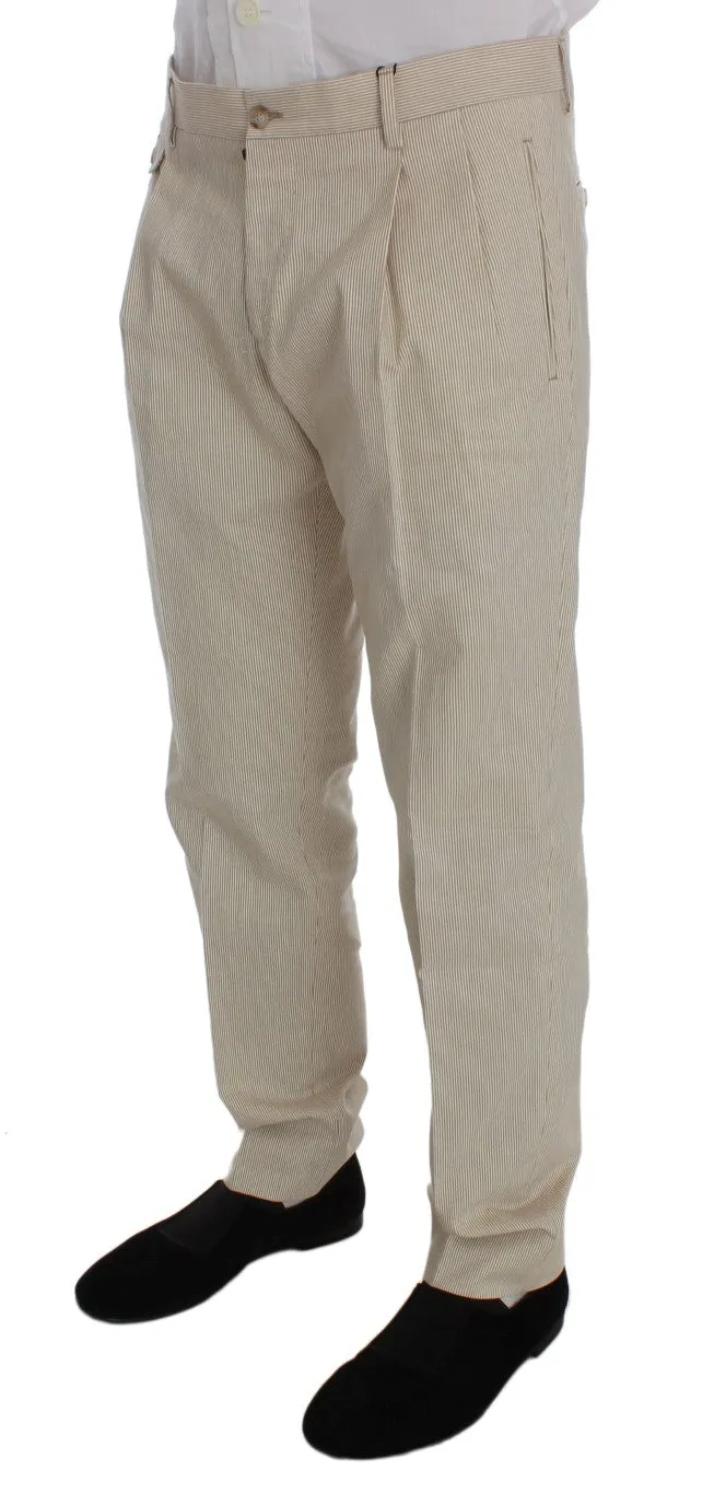 Beige Striped Cotton Chinos Pants
