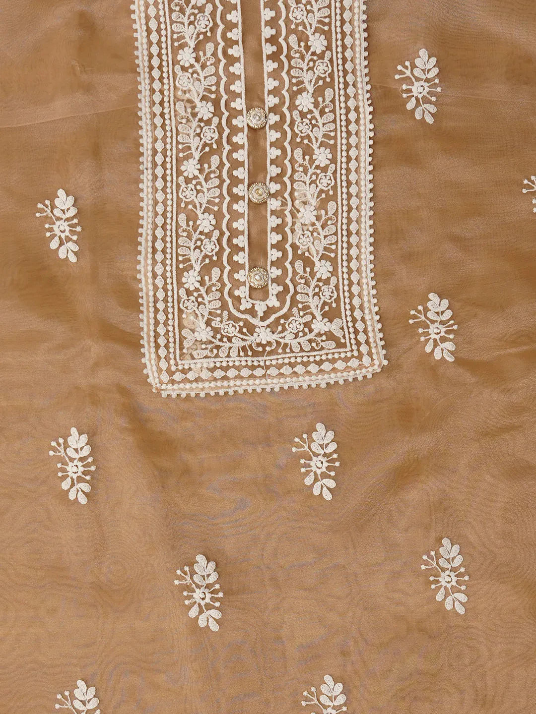 Beige Unstitched Embroidered Organza Dress Material With Dupatta