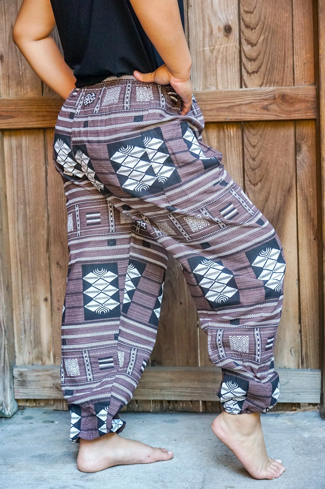 Bohemian Tribal Drawstring Slubbed Harem Pants- Mixed Neutral
