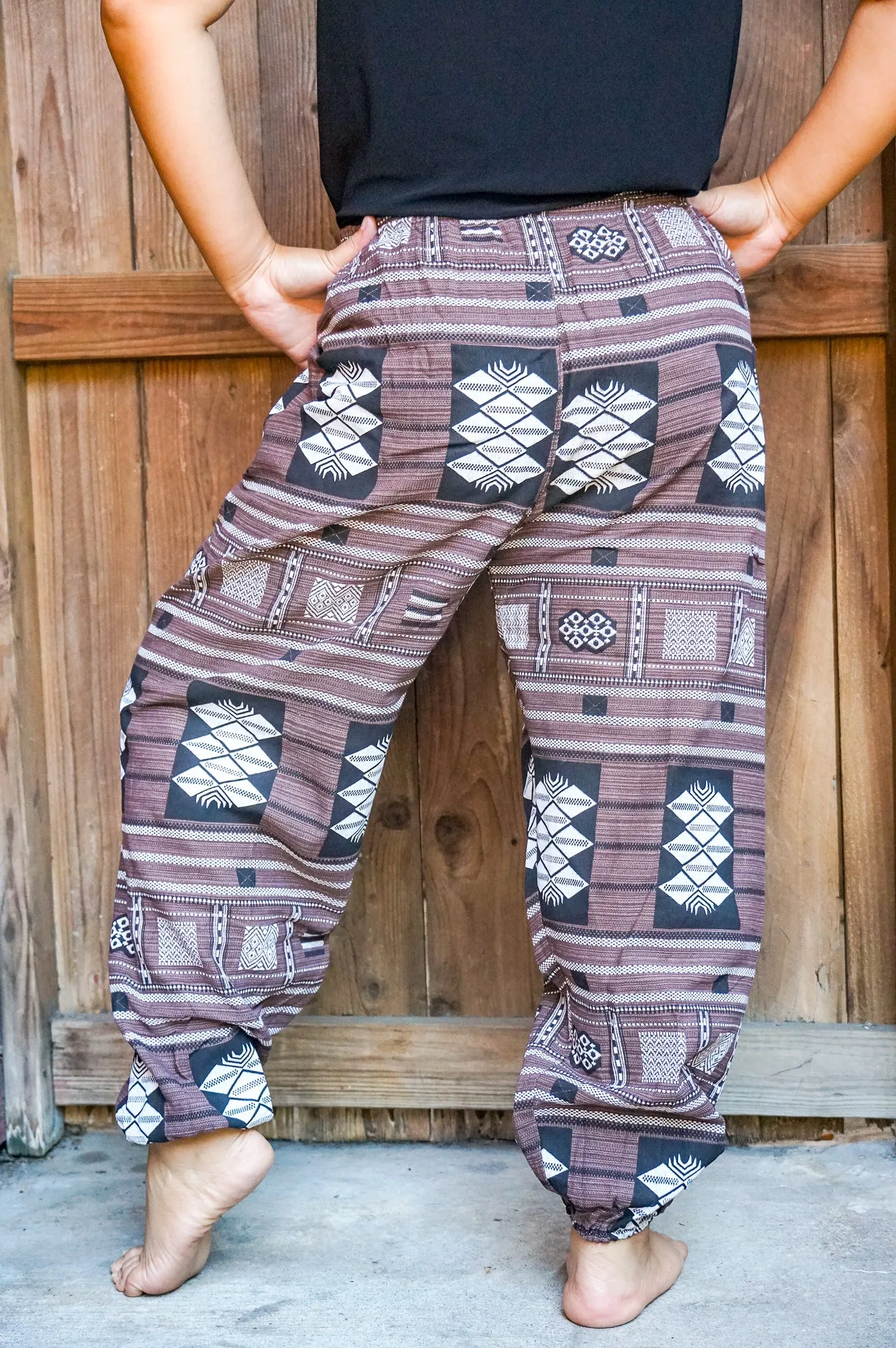 Bohemian Tribal Drawstring Slubbed Harem Pants- Mixed Neutral