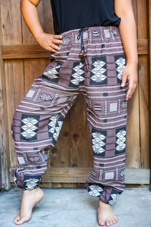 Bohemian Tribal Drawstring Slubbed Harem Pants- Mixed Neutral