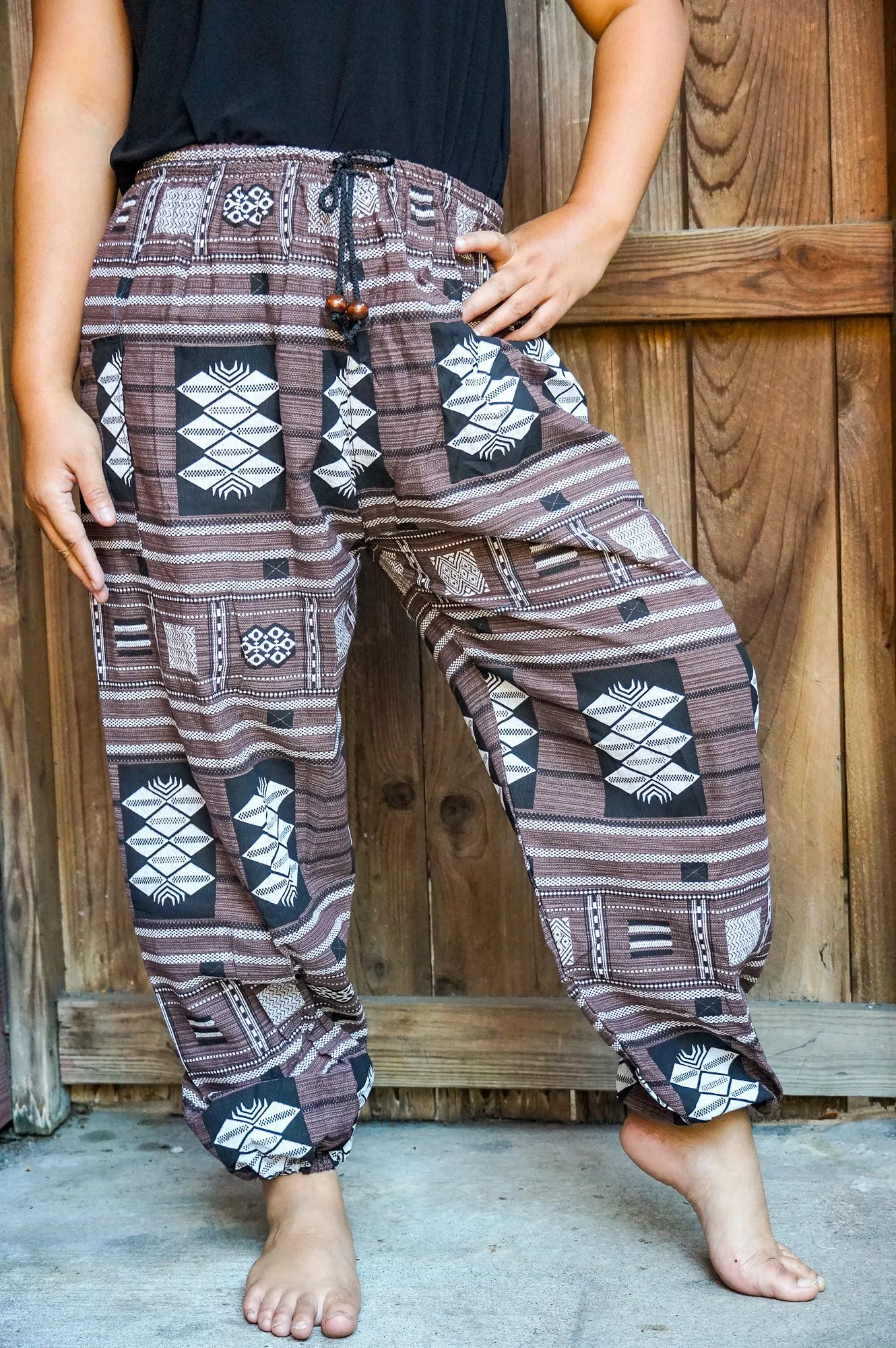 Bohemian Tribal Drawstring Slubbed Harem Pants- Mixed Neutral