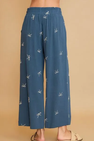 Bow Of Charm Dusty Blue Lace Drawstring Embroidered Wide Leg Pants - PNT1773BL