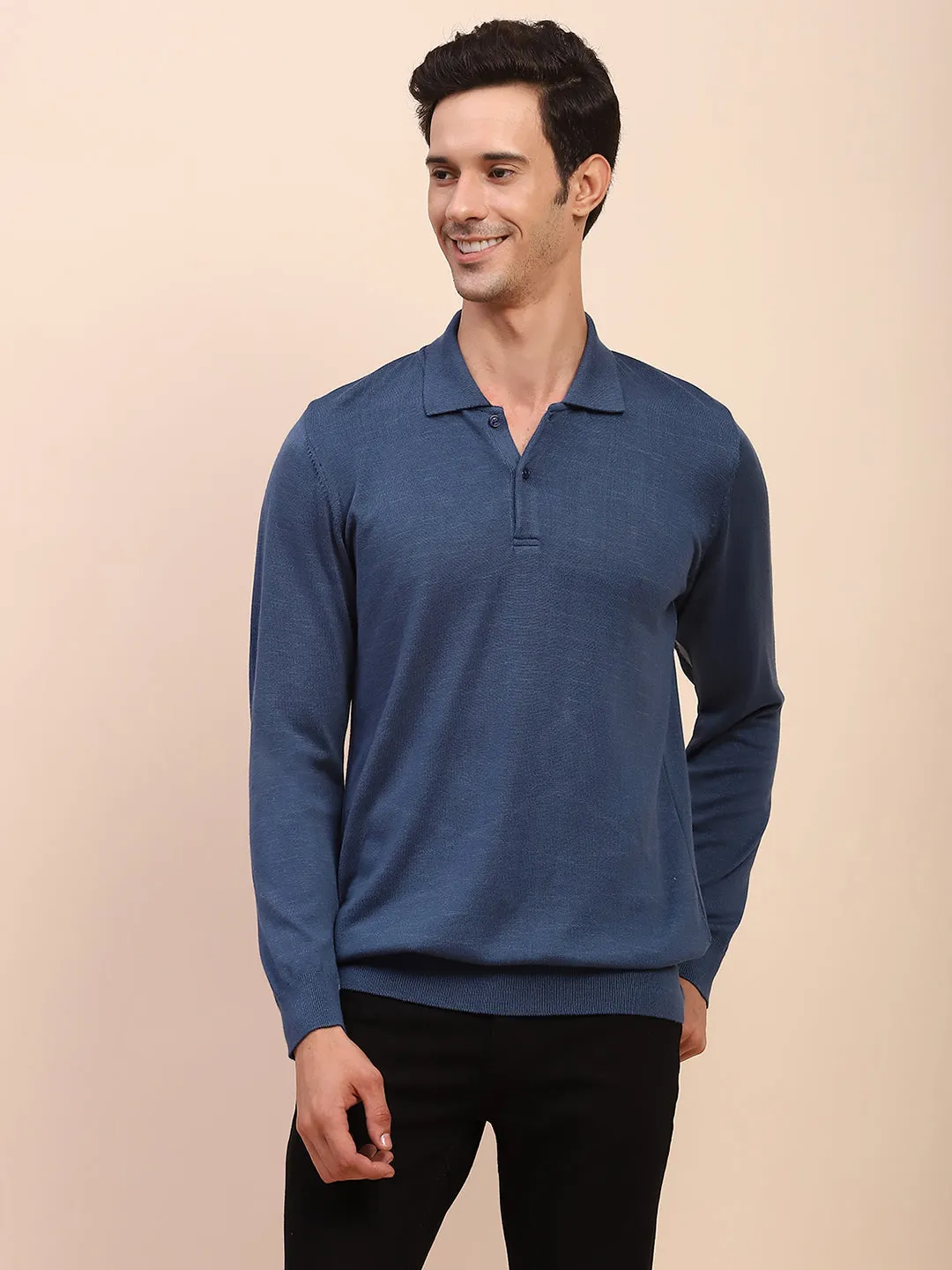 Camla Barcelona Blue Polo Neck Cotton Knitted T-Shirt