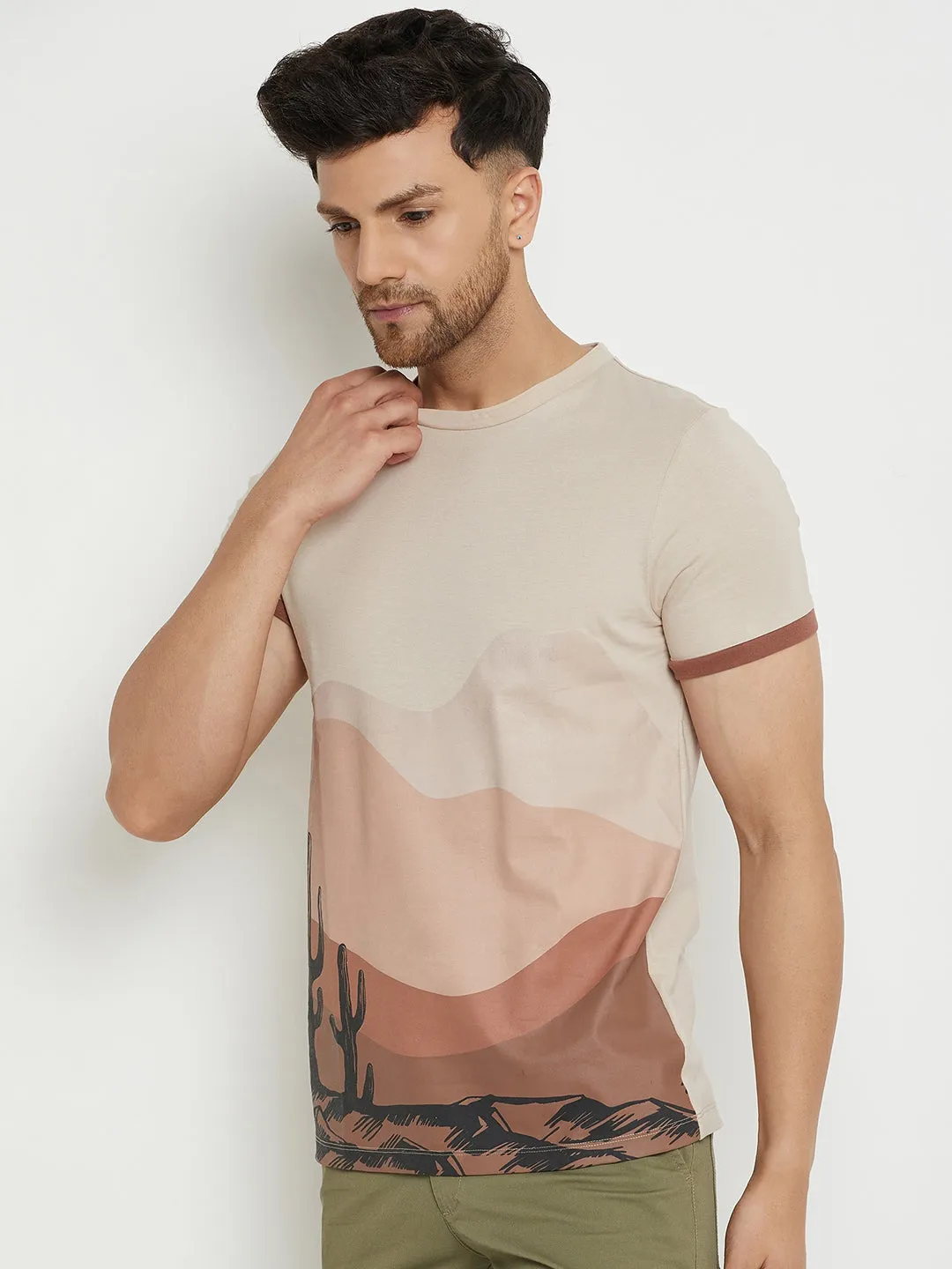 Camla Barcelona Men’S Scenery Print Beige T-Shirt