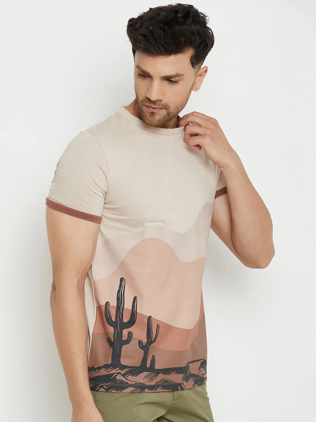 Camla Barcelona Men’S Scenery Print Beige T-Shirt