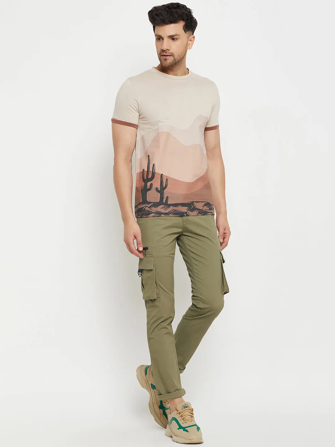 Camla Barcelona Men’S Scenery Print Beige T-Shirt