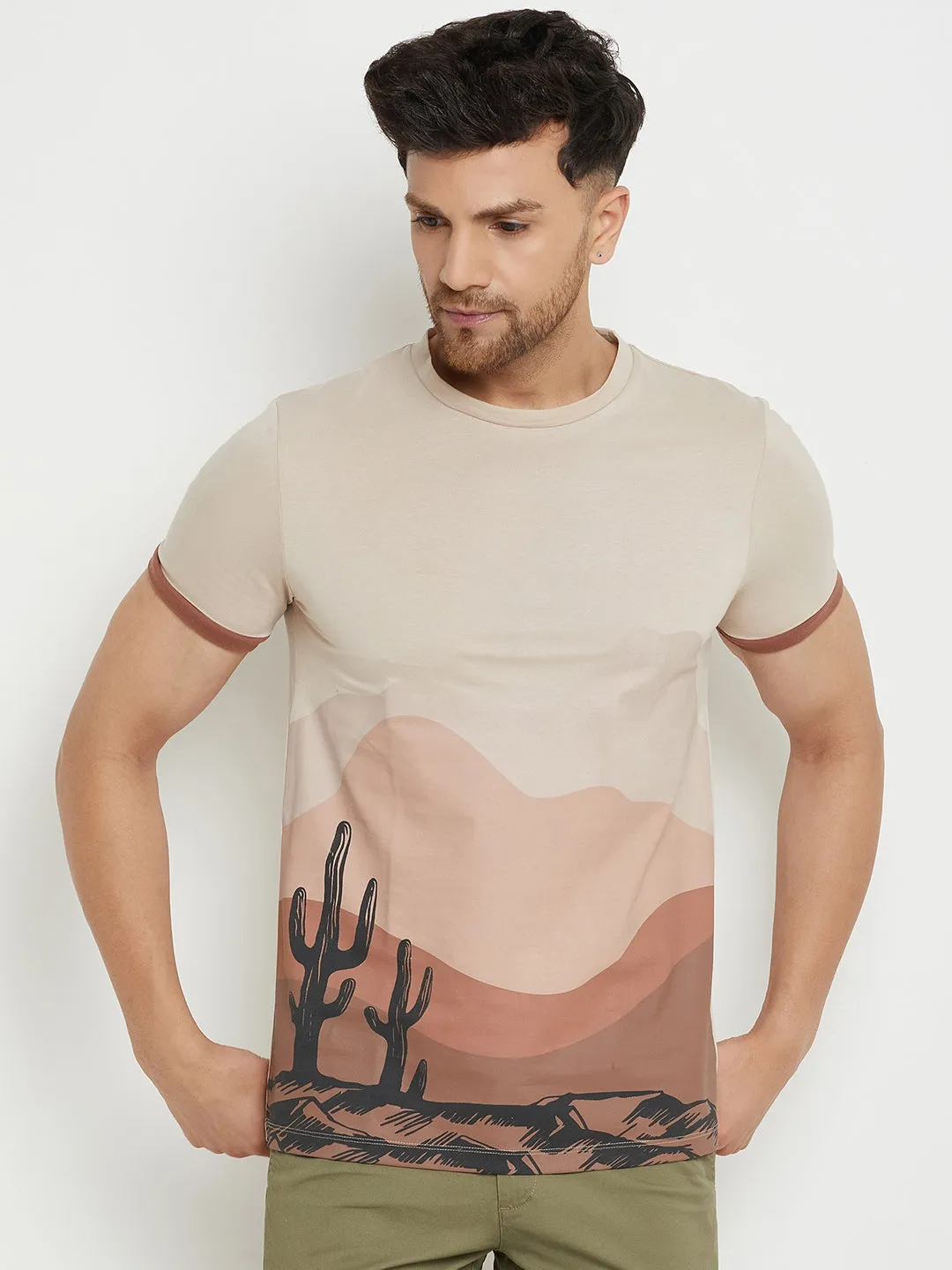 Camla Barcelona Men’S Scenery Print Beige T-Shirt