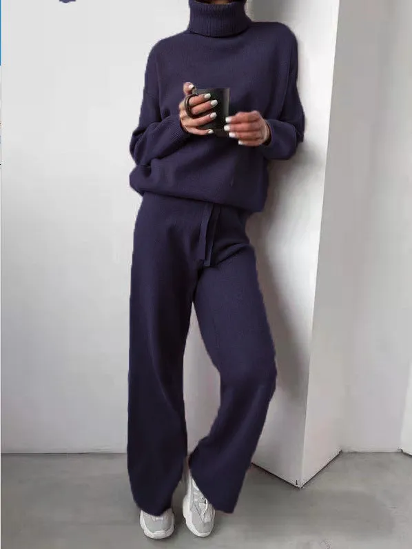 Casual High Neck Two Pieces Knitted Tops & Wide Legs Pants
