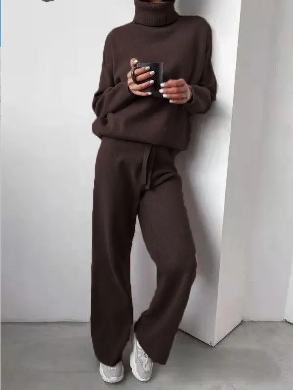 Casual High Neck Two Pieces Knitted Tops & Wide Legs Pants