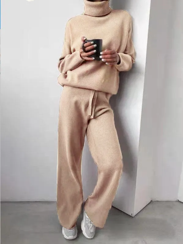Casual High Neck Two Pieces Knitted Tops & Wide Legs Pants
