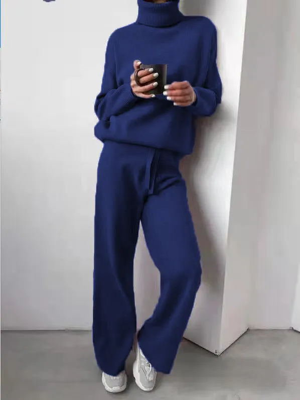 Casual High Neck Two Pieces Knitted Tops & Wide Legs Pants
