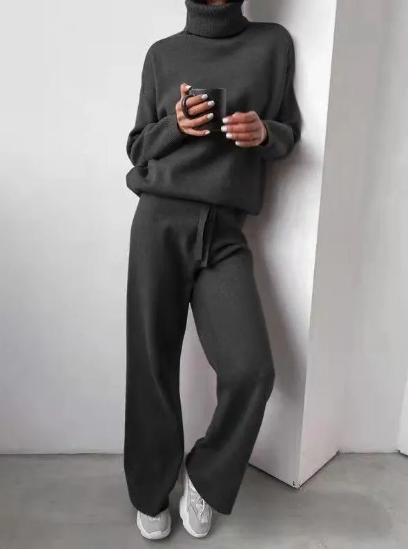 Casual High Neck Two Pieces Knitted Tops & Wide Legs Pants