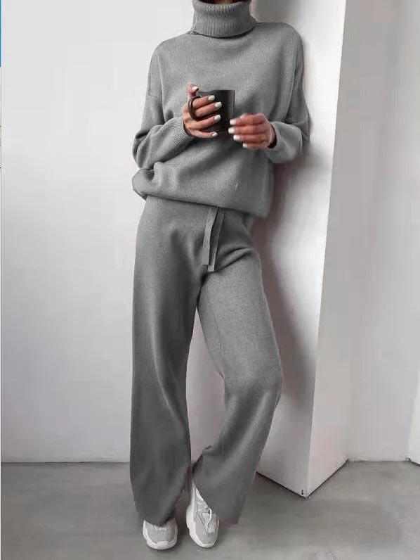 Casual High Neck Two Pieces Knitted Tops & Wide Legs Pants