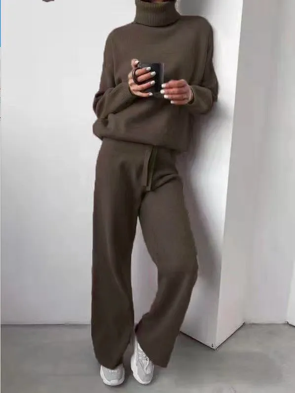 Casual High Neck Two Pieces Knitted Tops & Wide Legs Pants