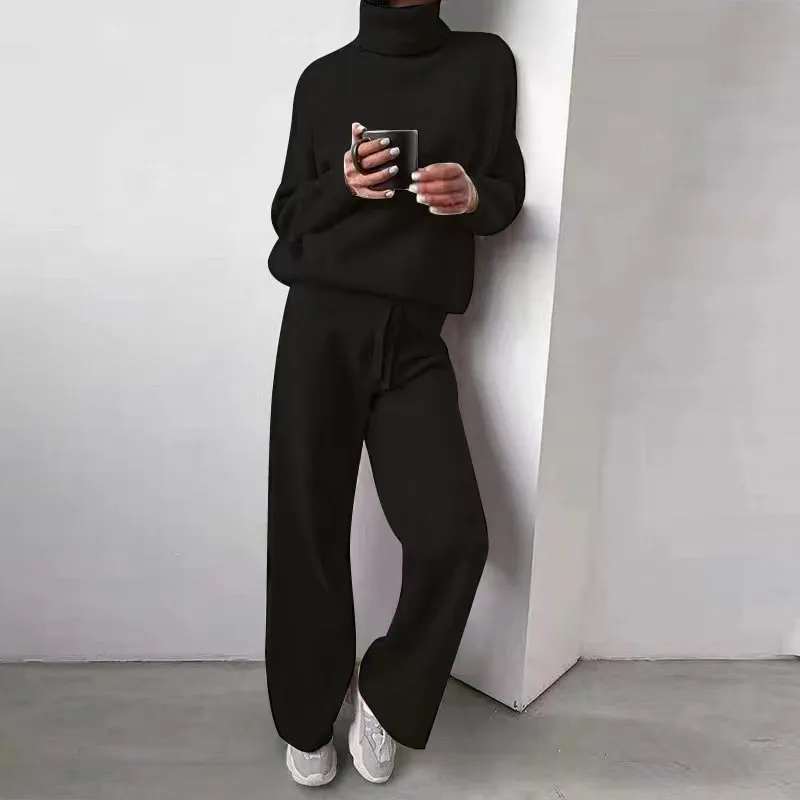 Casual High Neck Two Pieces Knitted Tops & Wide Legs Pants