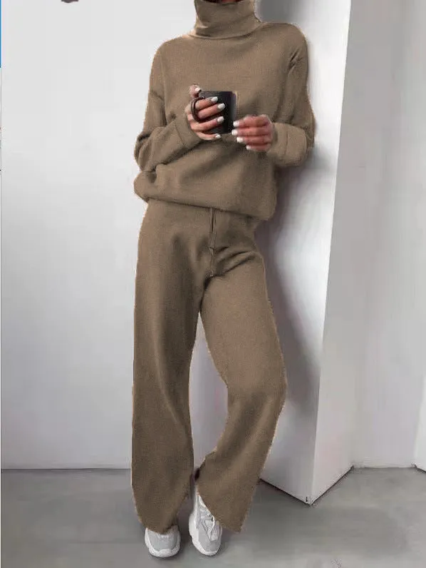 Casual High Neck Two Pieces Knitted Tops & Wide Legs Pants