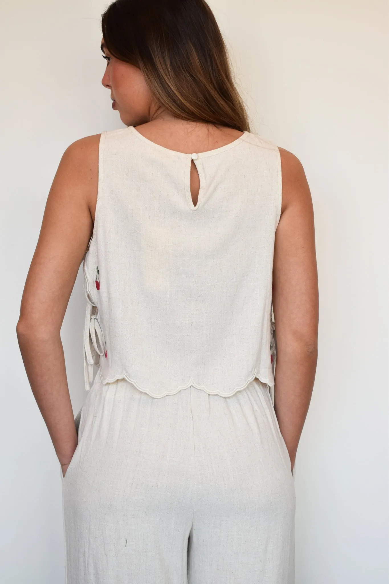 Cherries & Linen Sleeveless Blouse
