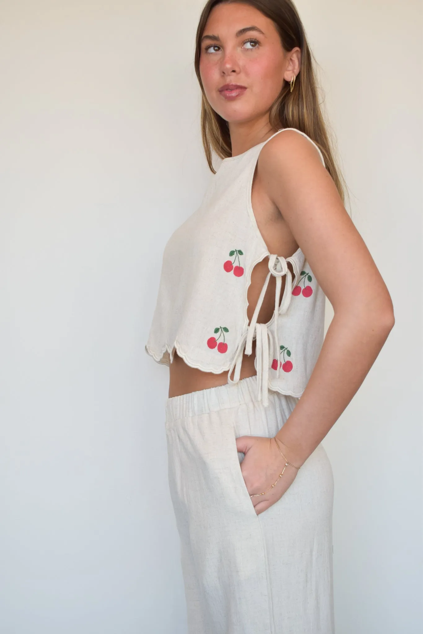 Cherries & Linen Sleeveless Blouse