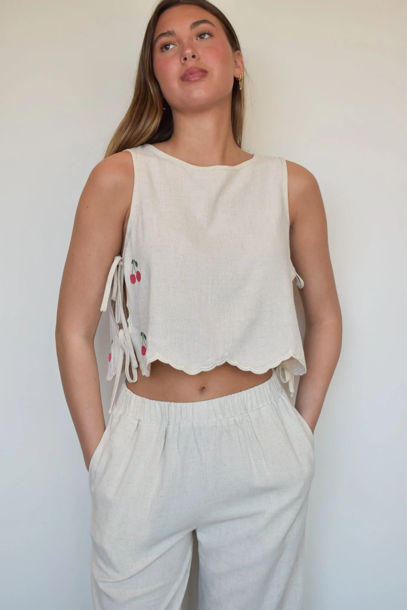 Cherries & Linen Sleeveless Blouse