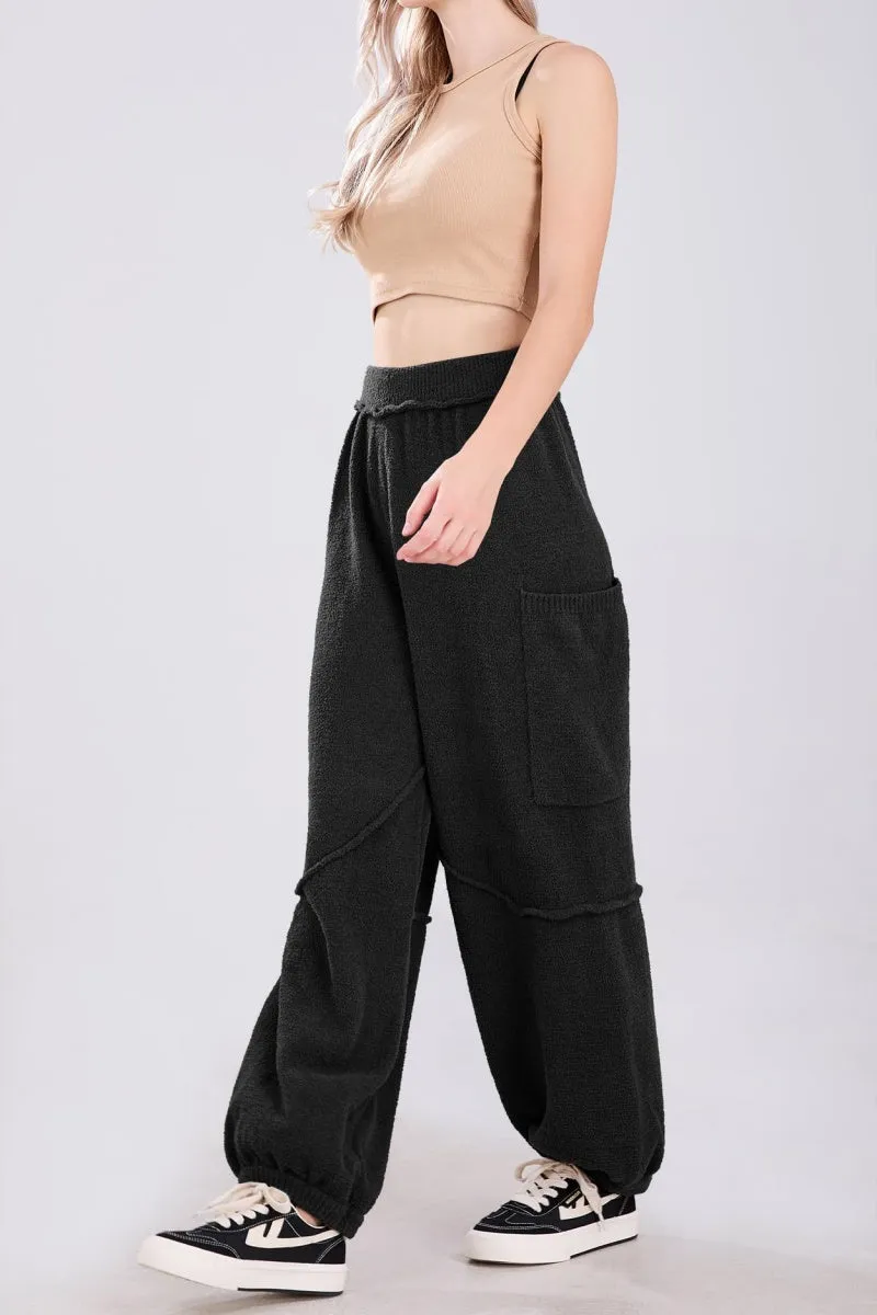 Chouyatou Women's Fuzzy Fleece Wide Leg Pants Elastic Waist Knit Pants Casual Comfy Lounge Trousers with Pockets