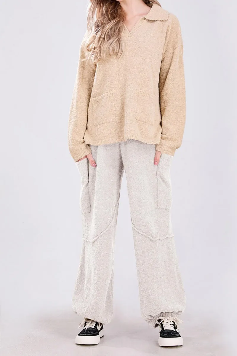 Chouyatou Women's Fuzzy Fleece Wide Leg Pants Elastic Waist Knit Pants Casual Comfy Lounge Trousers with Pockets