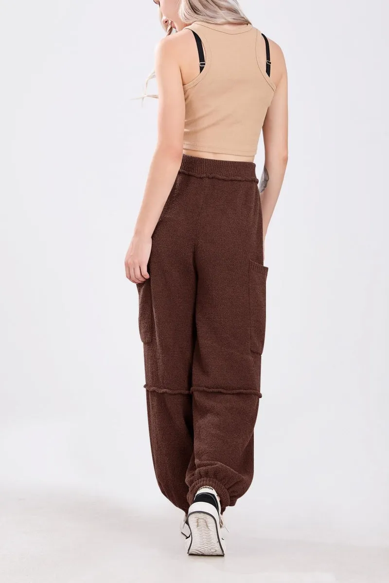 Chouyatou Women's Fuzzy Fleece Wide Leg Pants Elastic Waist Knit Pants Casual Comfy Lounge Trousers with Pockets