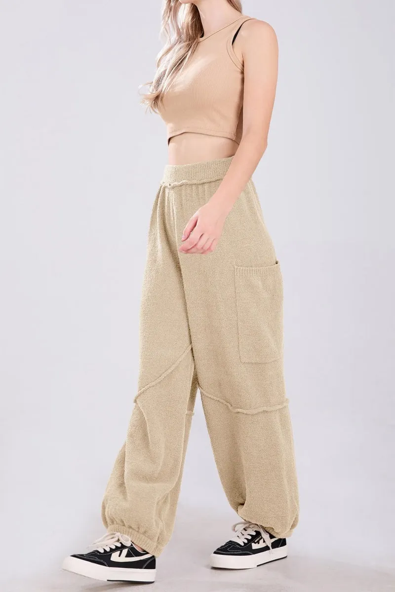Chouyatou Women's Fuzzy Fleece Wide Leg Pants Elastic Waist Knit Pants Casual Comfy Lounge Trousers with Pockets