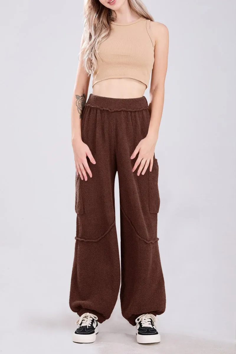 Chouyatou Women's Fuzzy Fleece Wide Leg Pants Elastic Waist Knit Pants Casual Comfy Lounge Trousers with Pockets