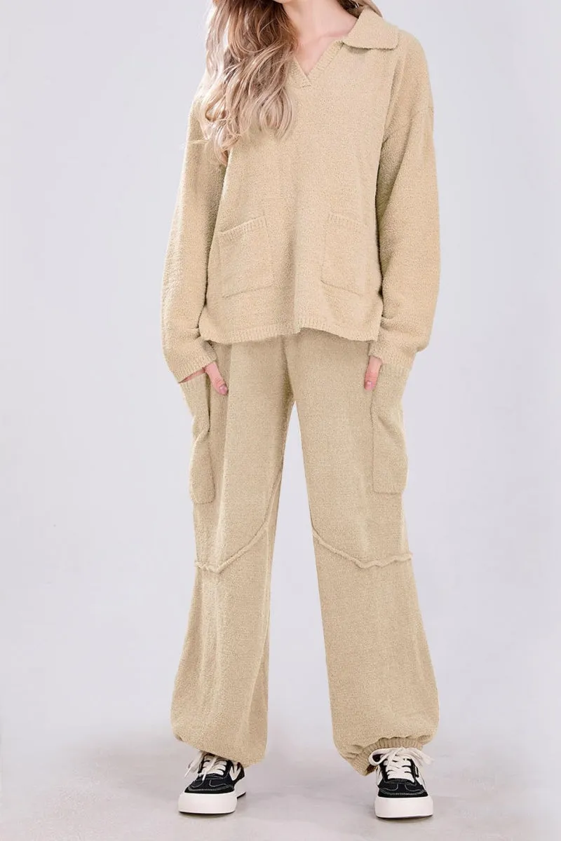 Chouyatou Women's Fuzzy Fleece Wide Leg Pants Elastic Waist Knit Pants Casual Comfy Lounge Trousers with Pockets