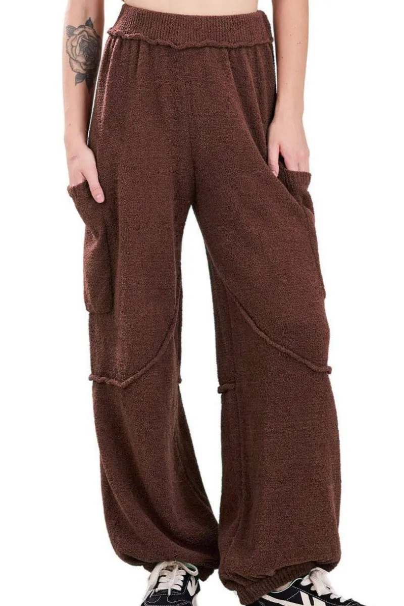 Chouyatou Women's Fuzzy Fleece Wide Leg Pants Elastic Waist Knit Pants Casual Comfy Lounge Trousers with Pockets