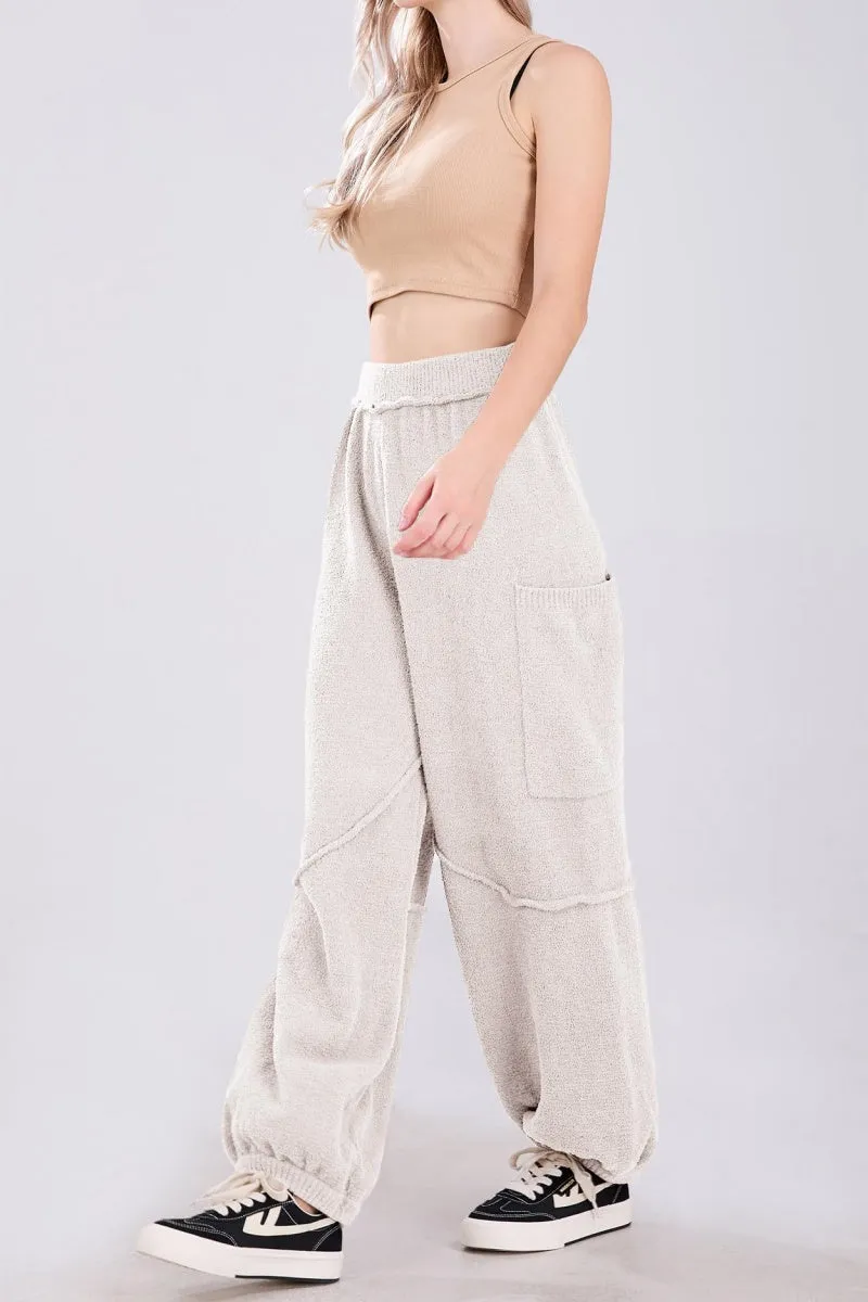 Chouyatou Women's Fuzzy Fleece Wide Leg Pants Elastic Waist Knit Pants Casual Comfy Lounge Trousers with Pockets