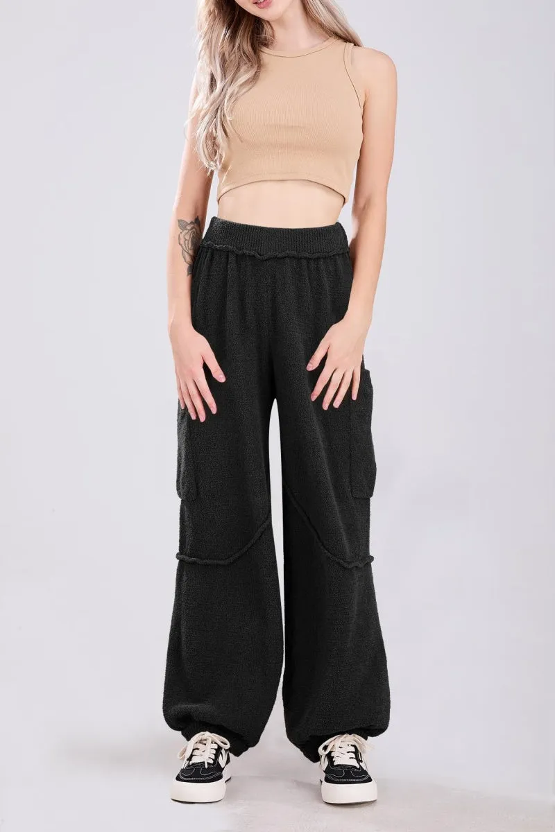 Chouyatou Women's Fuzzy Fleece Wide Leg Pants Elastic Waist Knit Pants Casual Comfy Lounge Trousers with Pockets